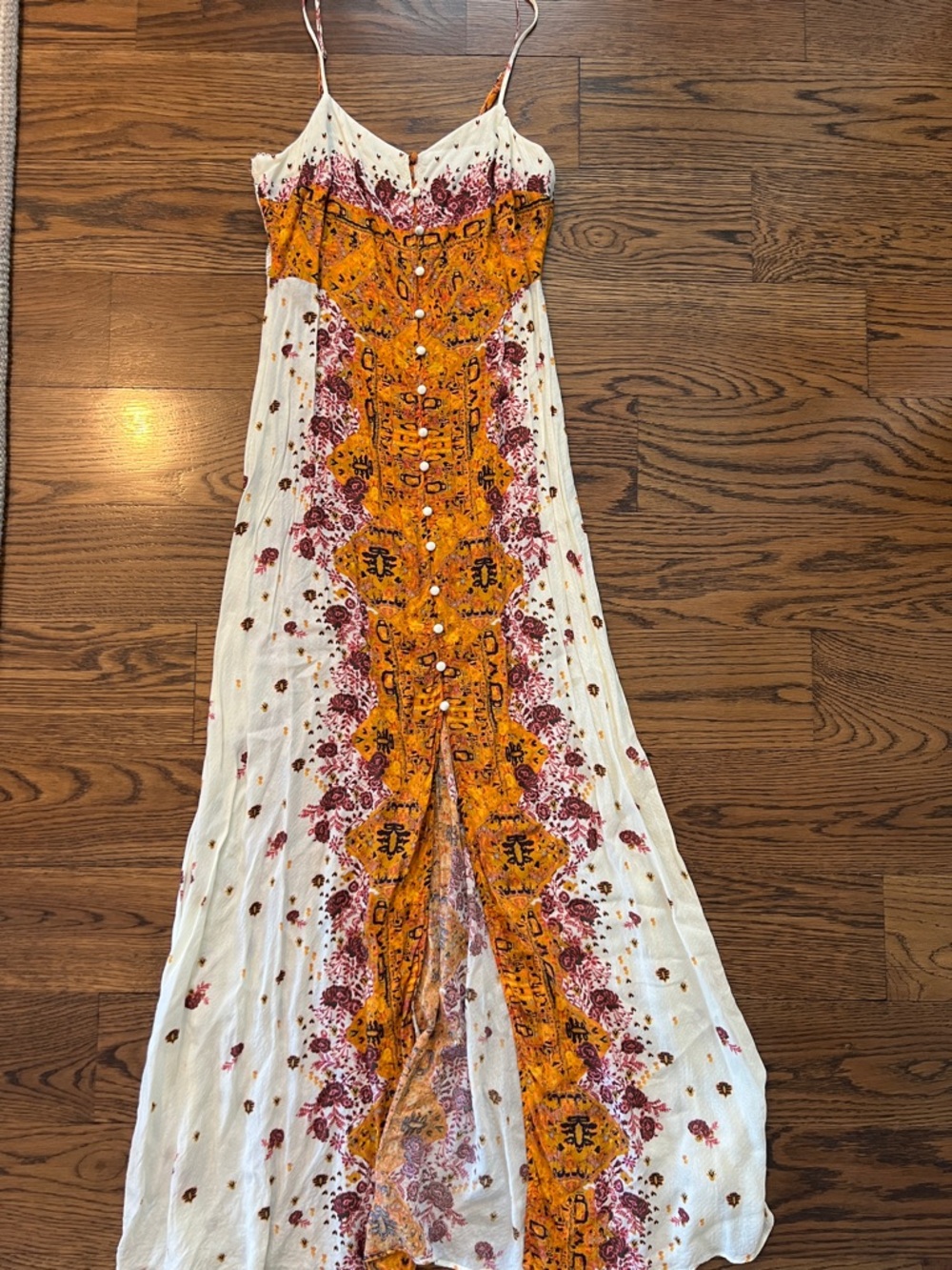 Free People Spaghetti Strap Maxi Dress with Yellow Floral Panel and lace back